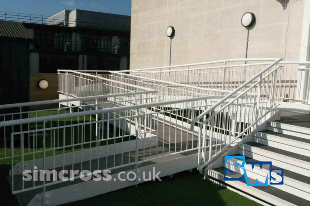 John Lewis – steps and ramp for access onto rooftop. Fabricated and installed steel access ramp by Simcross Welding Services