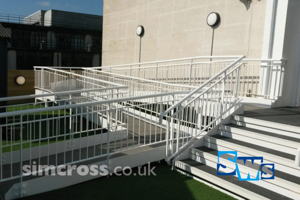 John Lewis – steps and ramp for access onto rooftop. Simcross Welding Services steel staircases London and Herts