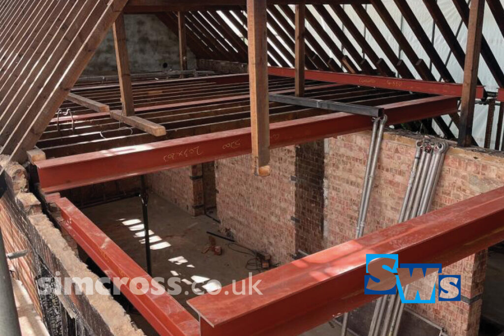 Rickmansworth, Hertfordshire – loft steels after house fire. Simcross Welding Services – structural steel, London and Herts