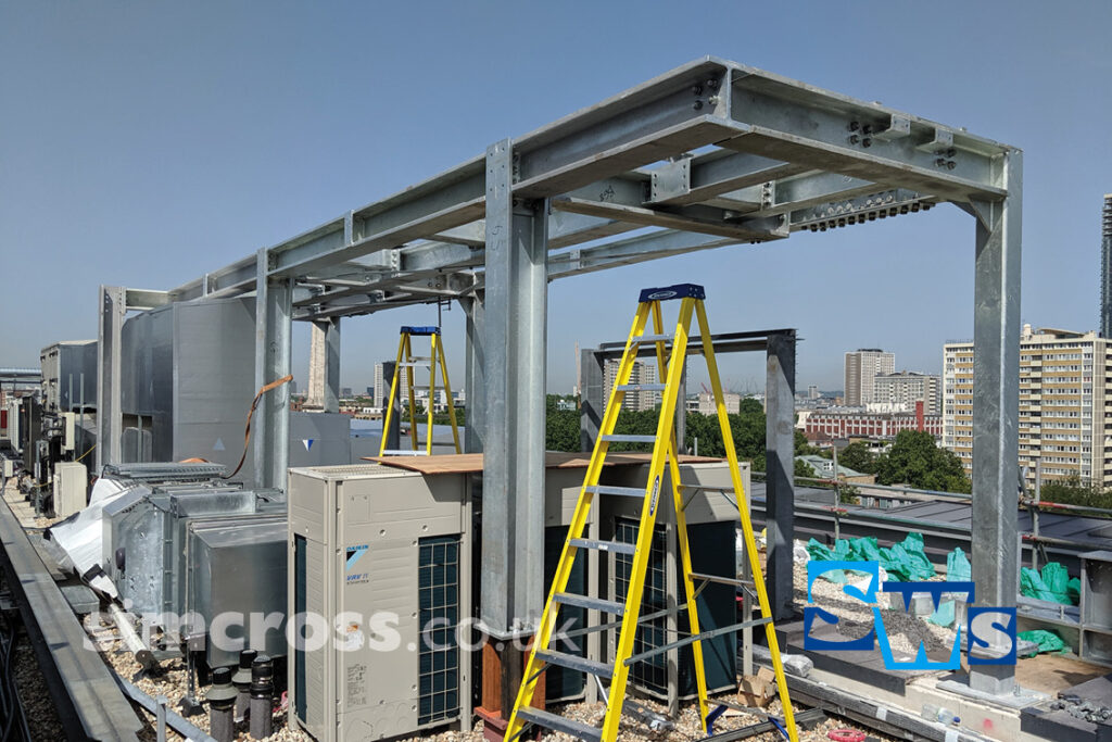 Old Street, London – galvanized platform to take satellite dishes. Simcross Welding Services – structural steel, London and Herts